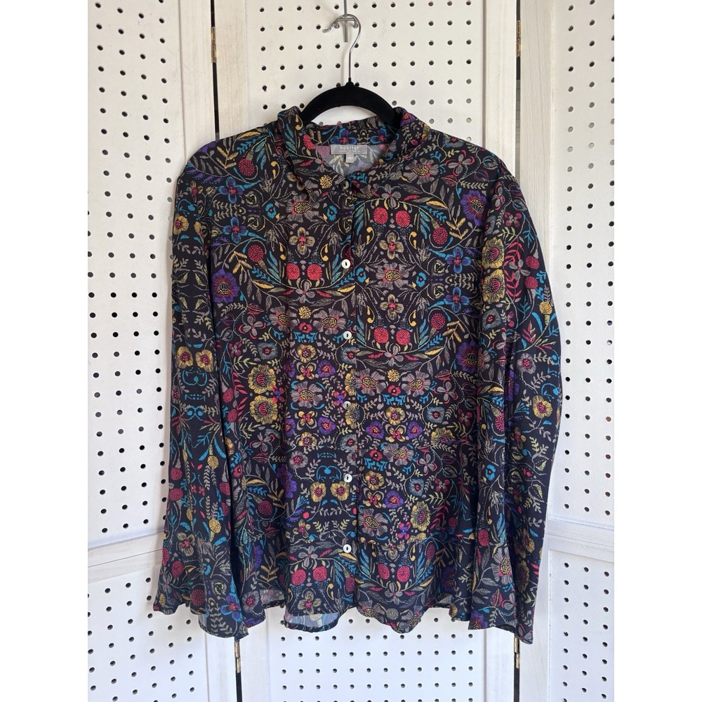 Habitat Floral Print Tiered Ruffle Hem Button Blouse Multi Women L Boho Artsy